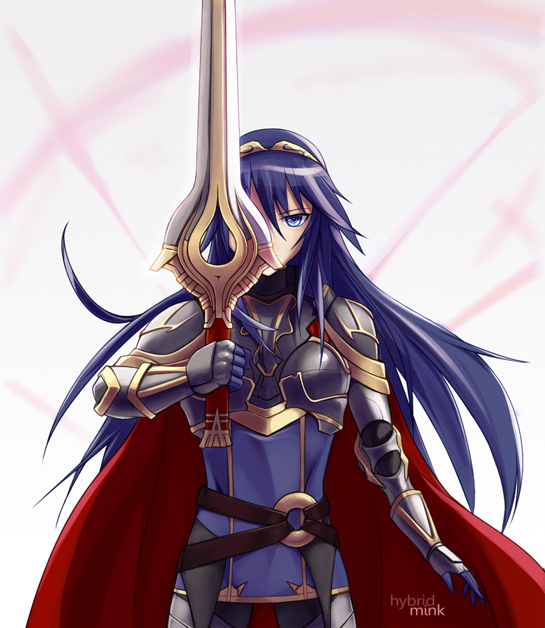1girl armor blue_eyes blue_hair cape fire_emblem fire_emblem:_kakusei hybridmink long_hair lucina solo sword tiara weapon