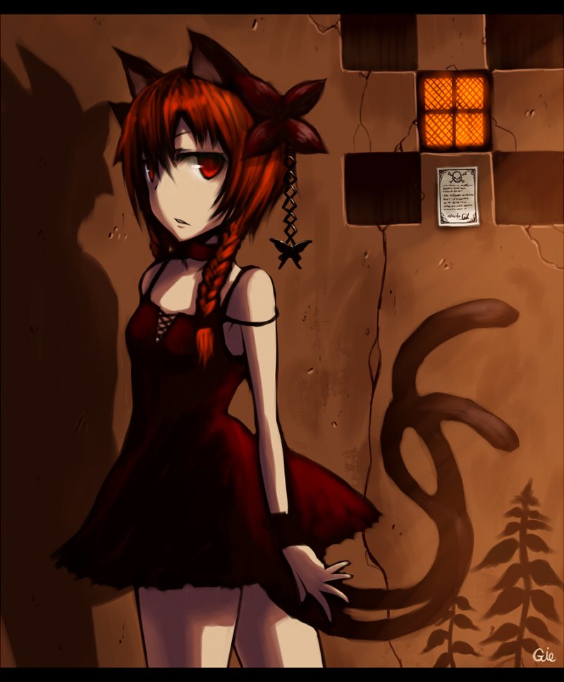 animal_ears bad_id bare_shoulders braid brown_hair cat_ears cat_tail dress gia hair_ornament kaenbyou_rin letterboxed long_hair multiple_tails red_eyes solo strap_slip tail touhou