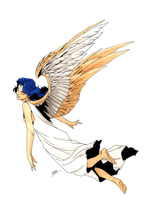 angel artist_request bare_feet barefoot blue_hair closed_eyes demon feet female persona shin_megami_tensei simple_background soles solo source_request toes wings
