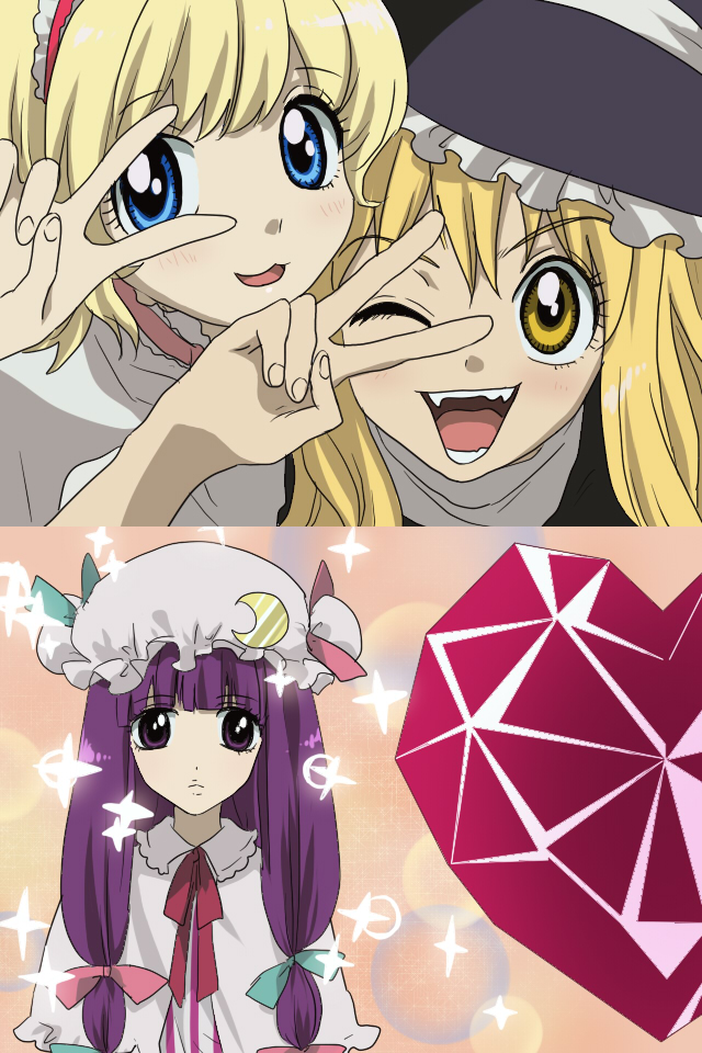 3girls alice_margatroid anime_coloring bad_id crescent hat heart jealous kirisame_marisa matyinging multiple_girls parody patchouli_knowledge sparkle star style_parody touhou v wink witch_hat