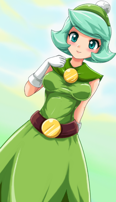 aqua_hair belt blush dress elbow_gloves gloves green_dress green_hair hat queen_merelda short_hair sigurdhosenfeld smile solo wario_land wario_land:_shake_it! white_gloves