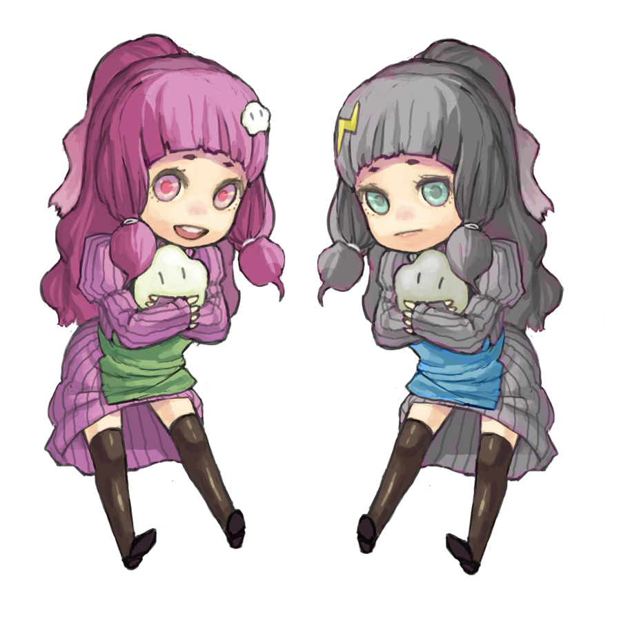 chibi dress grey_hair happy long_hair original purple_eyes purple_hair salamander_(artist) thigh-highs thighhighs violet_eyes