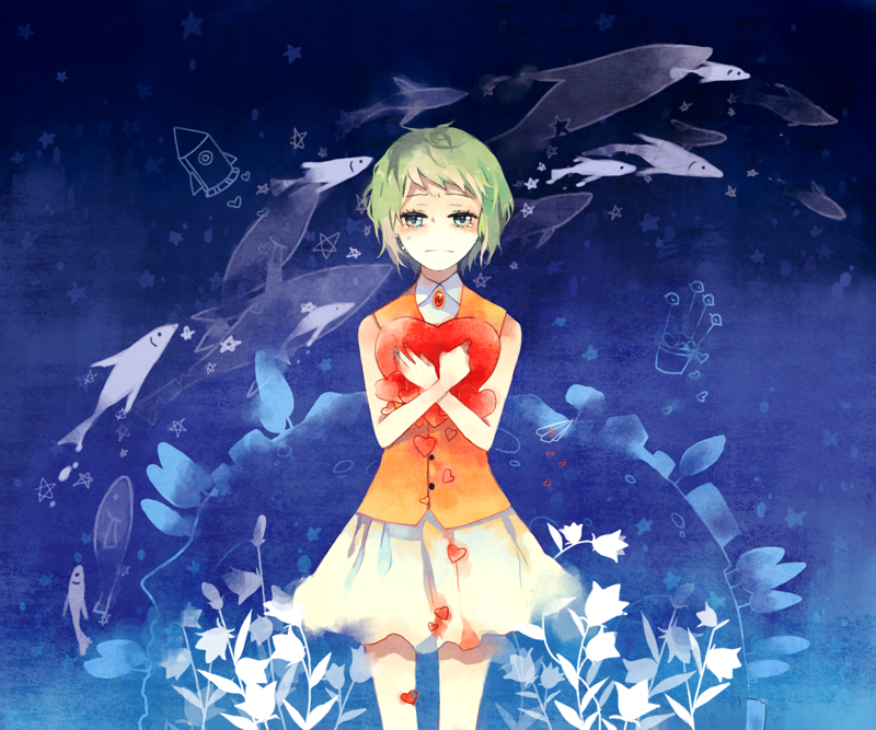 bare_shoulders campanella_(vocaloid) dolphin fish flower green_eyes green_hair gumi heart holding mig_(36th_underground) paper_airplane rocket_ship short_hair skirt sleeveless solo space_craft tears vocaloid
