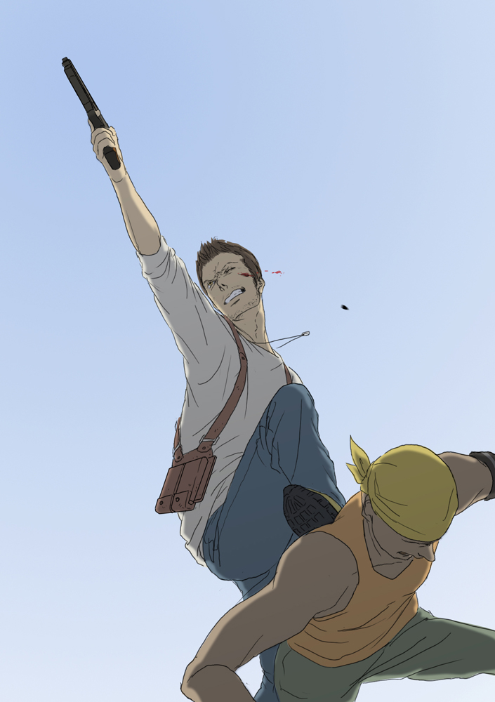 brown_hair gb_(pixiv) genmaipudding gun jewelry nathan_drake naughty_dog necklace uncharted weapon wink