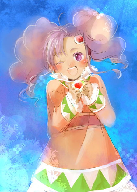 ahinibo blue_background dress heart heart_hands meredy pink_dress purple_eyes purple_hair smile tales_of_(series) tales_of_eternia twintails violet_eyes wink