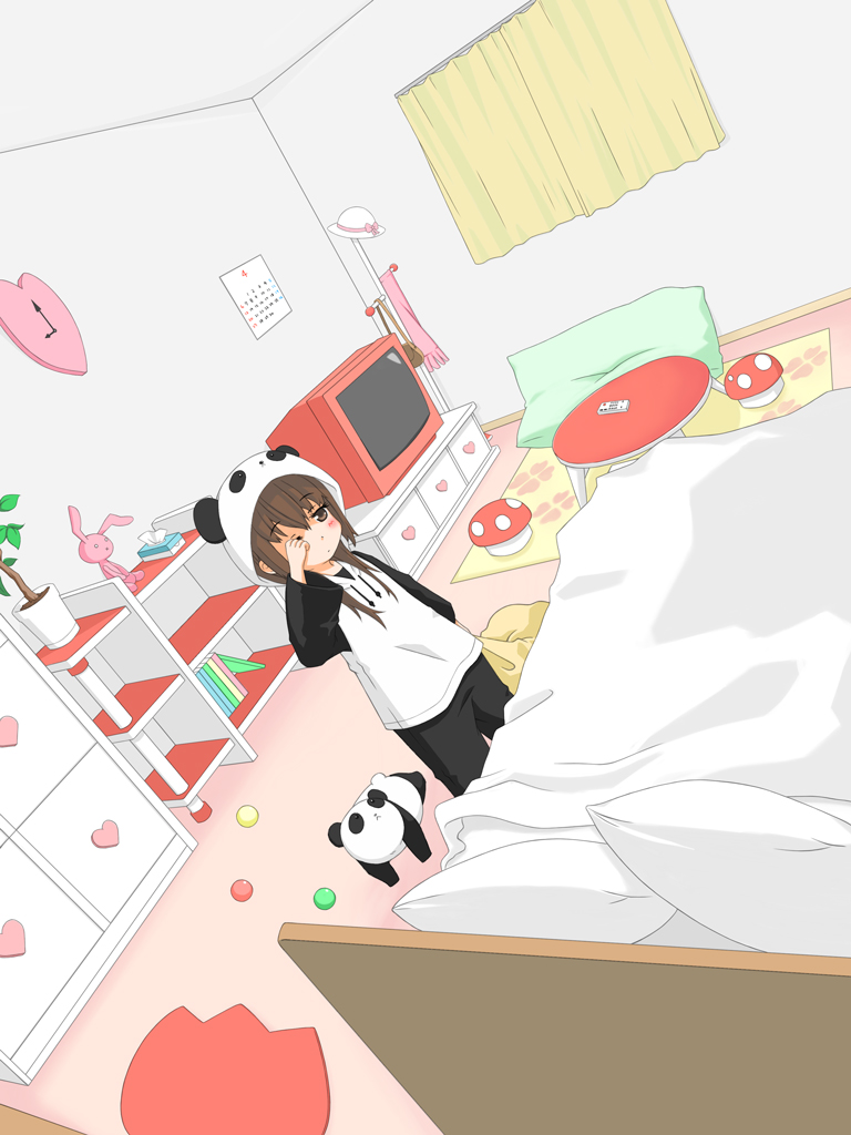 bad_id bed bedroom blush book brown_hair bunny chika_(orange_pop) clock hat heart original panda panda_costume panda_suit pillow plant rabbit scarf solo stuffed_animal stuffed_toy television