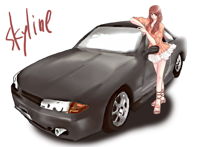 brown_hair car nissan nissan_skyline sandals skirt vehicle