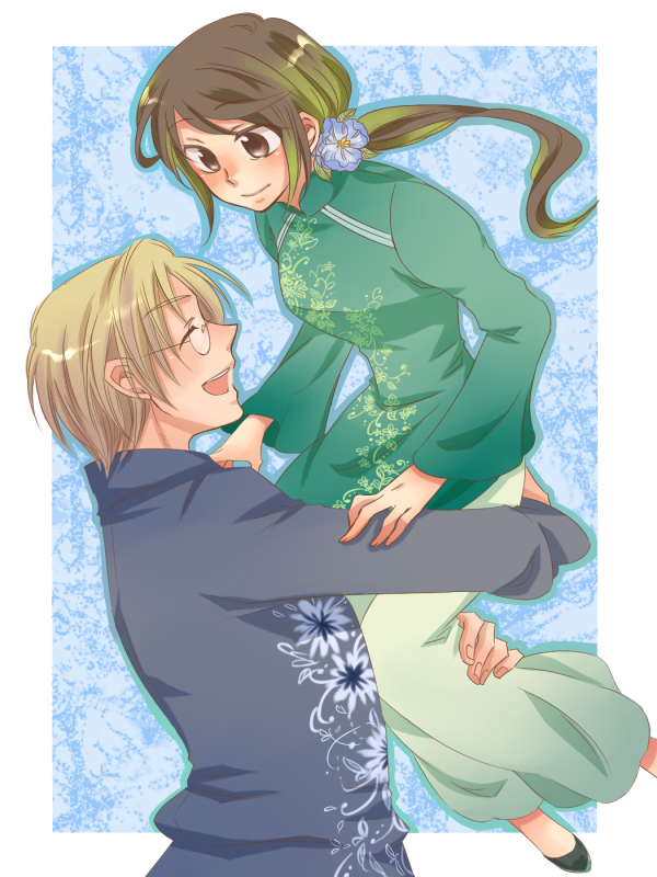 america_(hetalia) axis_powers_hetalia bangs blonde_hair brown_eyes brown_hair closed_eyes glasses hair_flower hair_ornament long_hair multicolored_hair open_mouth ponytail smile two-tone_hair vietnam_(hetalia) vietnamese_clothes vietnamese_dress