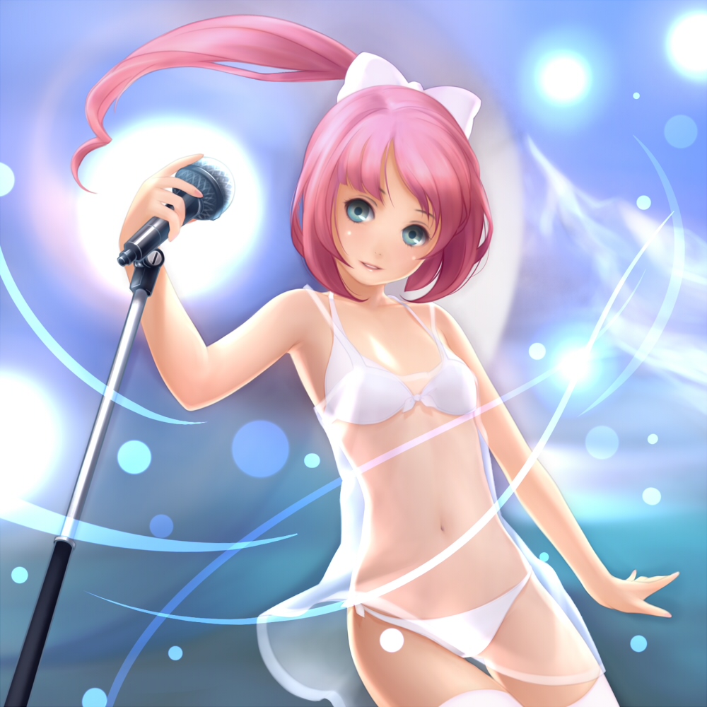 1girl blue_eyes blush bow dress erika female flat_chest front-tie_top hair_bow hana long_hair looking_at_viewer microphone microphone_stand pangya pink_hair ponytail see-through side-tie_bikini solo sparkle sparks sundress swimsuit thigh-highs thigh_gap thighhighs yori