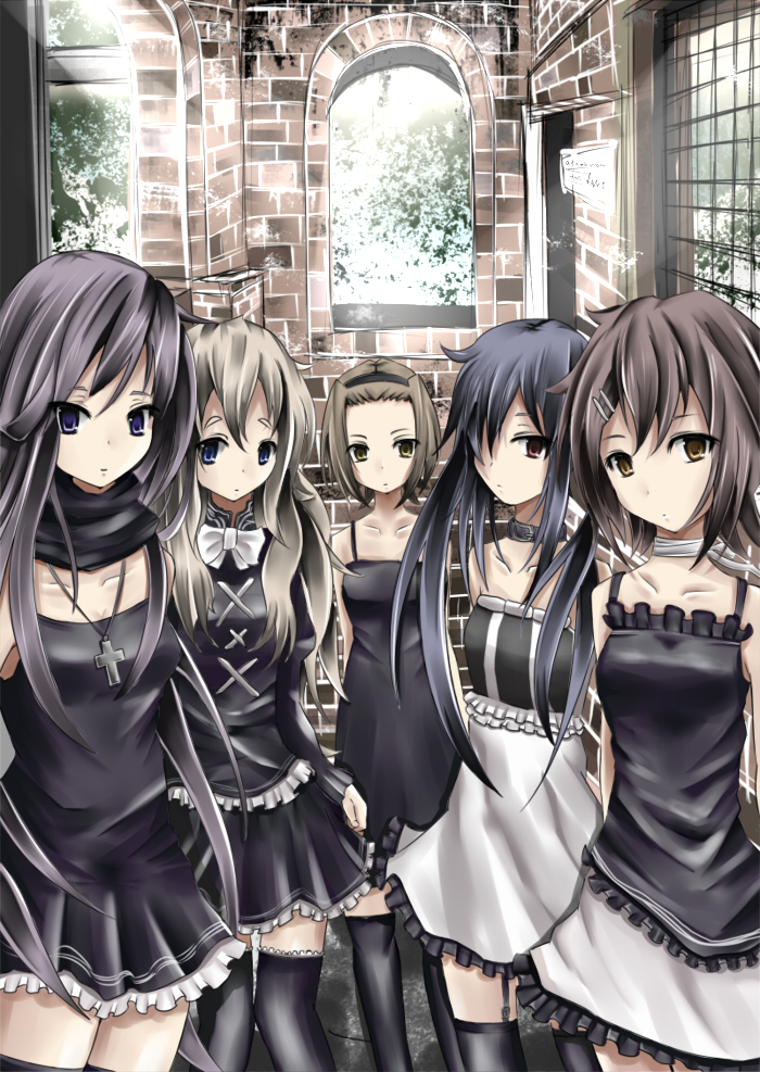 bad_id black_eyes black_hair blonde_hair blue_eyes brown_eyes brown_hair dress frills gothic hair_over_one_eye hirasawa_yui k-on! kotobuki_tsumugi long_hair nakano_azusa short_hair tainaka_ritsu thighhighs window yutaro5313