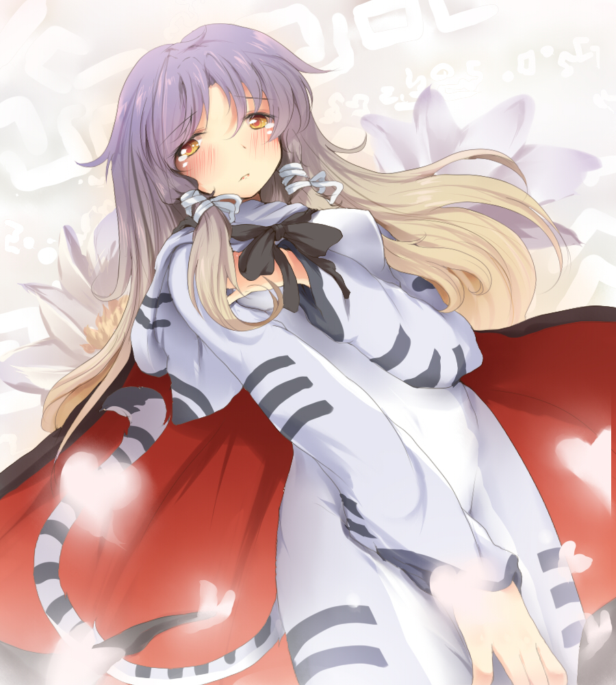 bad_id blush cape costume flower gradient_hair hijiri_byakuren long_hair multicolored_hair nejime pajamas solo tiger_costume tiger_print touhou yellow_eyes