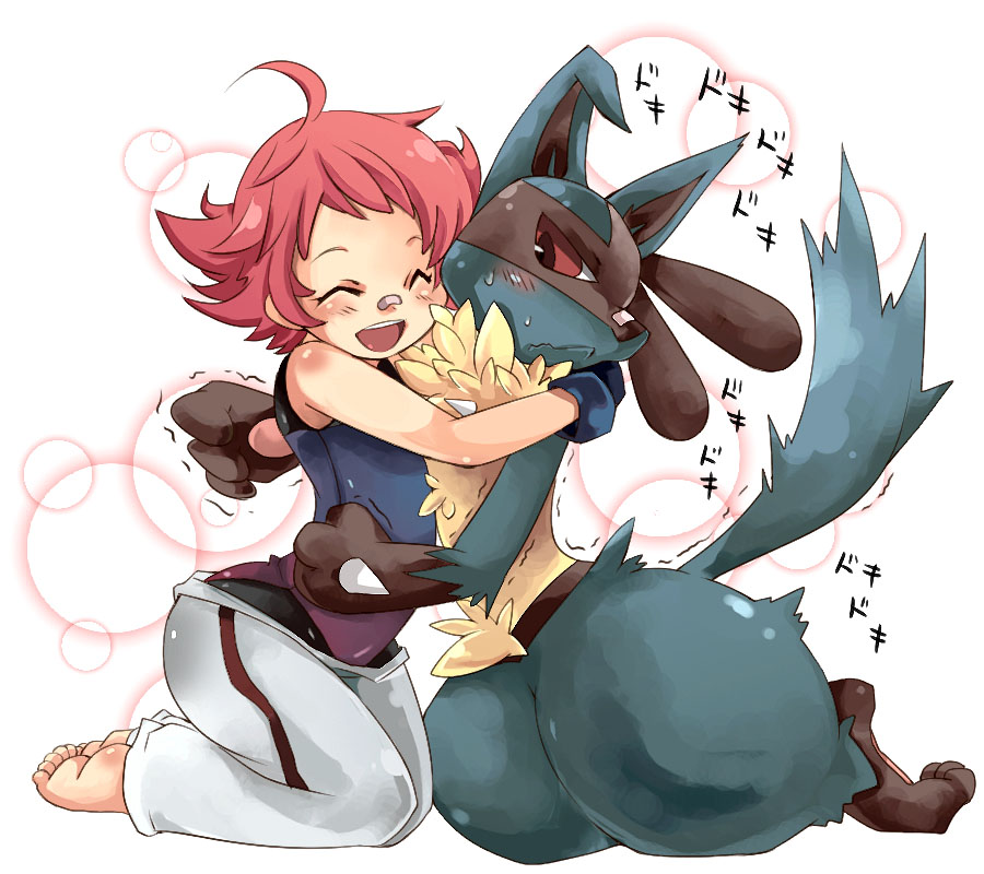 1girl animal_ears bandaid barefoot blush embarrassed feet gym_leader heartbeat hug inumimi-syndrome lucario pawpads paws pink_hair pokemon pokemon_(creature) pokemon_(game) pokemon_dppt short_hair smile soles sumomo_(pokemon) tail toes trembling wide_hips