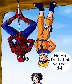 3boys artist_request black_hair blonde_hair bodysuit closed_eyes frown grin headband lowres marvel multiple_boys naruto short_hair smile source_request spider-man uchiha_sasuke upside-down uzumaki_naruto