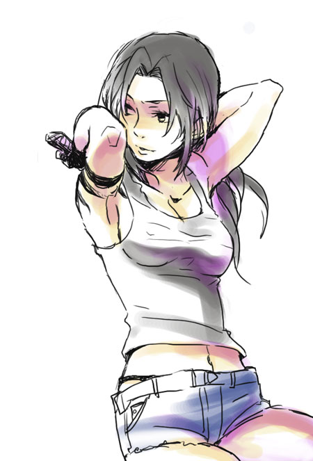 black_hair black_lagoon breasts denim denim_shorts long_hair panties revy shorts sketch tank_top tattoo tenga_(artist) thong underwear