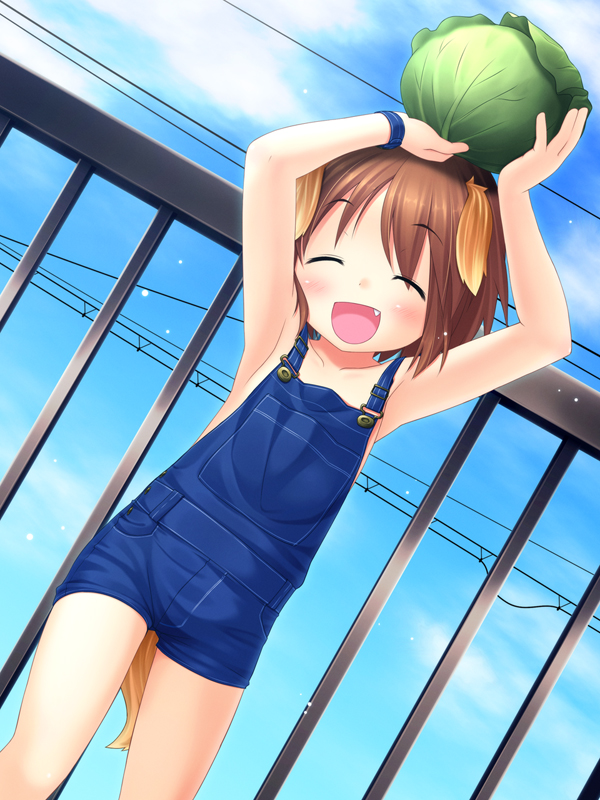 armpits blush brown_hair cabbage closed_eyes dog_ears fang happy inuarashi legs meiko_(inuarashi) naked_overalls original overalls short_hair tail