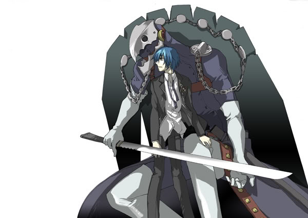 arisato_minato blue_hair chain male persona persona_3 school_uniform sword thanatos weapon