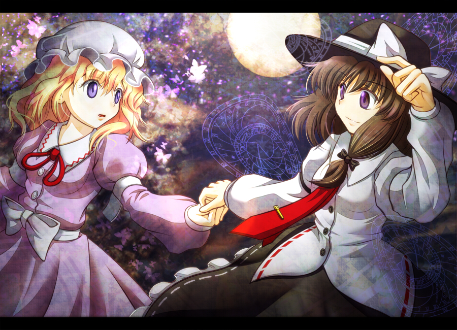 blonde_hair blue_eyes brown_hair hat maribel_han maribel_hearn multiple_girls purple_eyes qontamblue touhou usami_renko