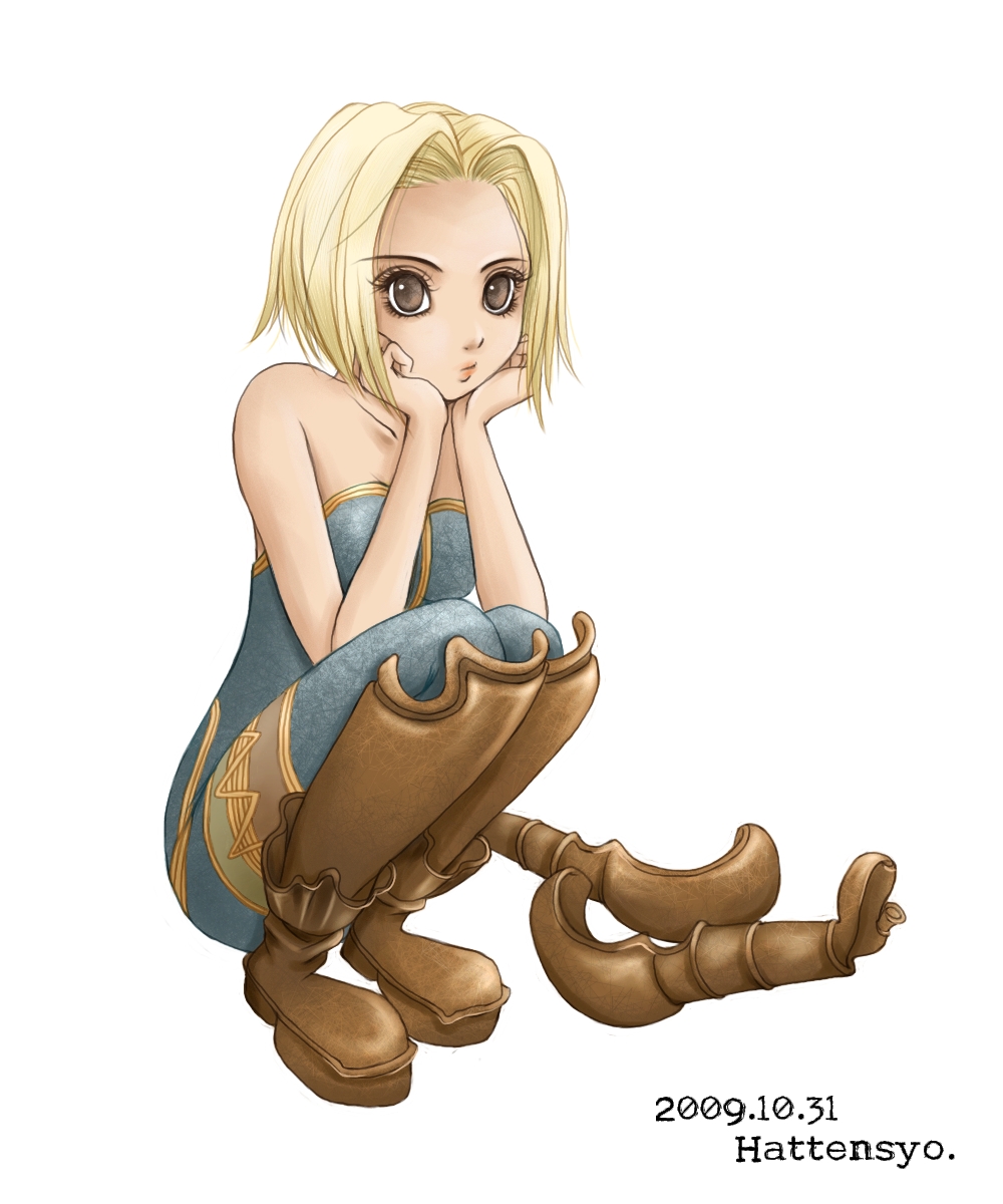 bare_shoulders blonde_hair boots brown_eyes catsuit female final_fantasy final_fantasy_tactics hattensyo monk monk_(fft) short_hair solo squat