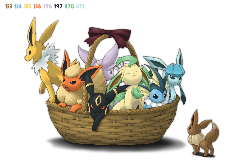 basket bow ditb eevee espeon everyone evolution flareon glaceon jolteon leafeon no_humans pokemon pokemon_(creature) simple_background umbreon vaporeon