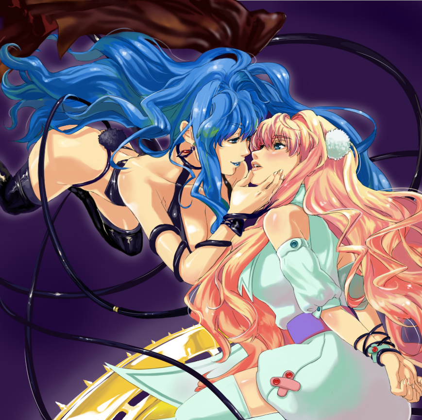 bdsm blonde_hair blue_eyes blue_hair blush bondage boots cable chin_grab dual_persona earrings incipient_kiss jewelry lipstick long_hair macross macross_frontier macross_frontier:_itsuwari_no_utahime macross_frontier:_the_false_diva multiple_girls munage4 sheryl_nome thigh-highs thigh_boots thighhighs very_long_hair yuri