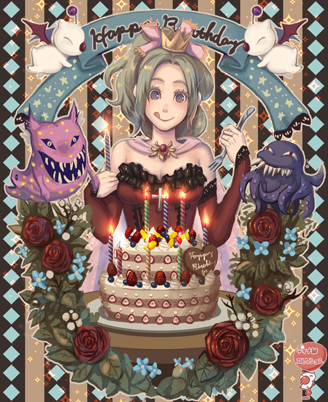 :q bare_shoulders blue_eyes cake candle cape crown detached_sleeves dress elbow_gloves female final_fantasy final_fantasy_vi flower food fork fujimaru gloves green_hair leaves long_hair moogle orthros pastry ponytail ribbon rose silverware smile solo tina_branford tongue typhon typhon_(final_fantasy)