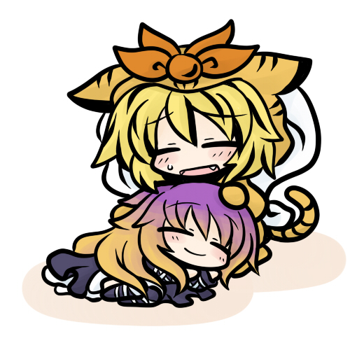 blonde_hair blush chibi costume fang gradient_hair hijiri_byakuren long_hair lowres multicolored_hair short_hair tiger_costume tiger_print toramaru_shou touhou yanagi_(artist)