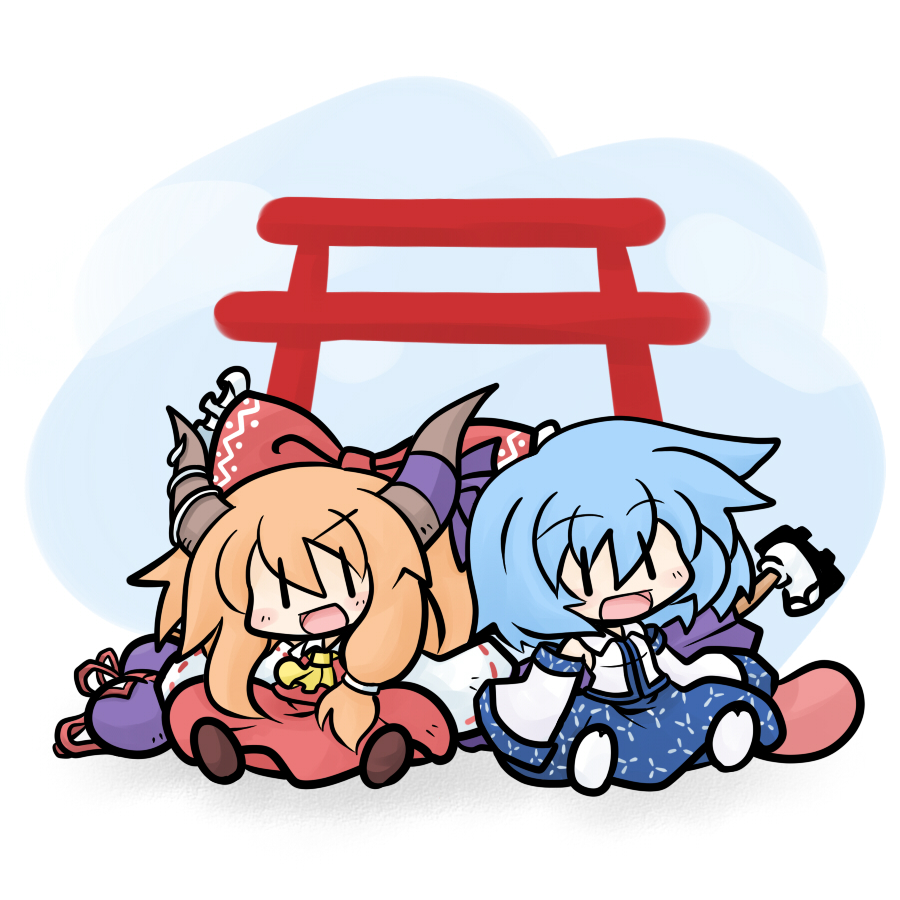 blue_hair bow chibi cosplay detached_sleeves hair_bow hakurei_reimu hakurei_reimu_(cosplay) horns ibuki_suika japanese_clothes karakasa_obake kochiya_sanae kochiya_sanae_(cosplay) miko multiple_girls orange_hair tatara_kogasa torii touhou umbrella yanagi_(artist) |_|