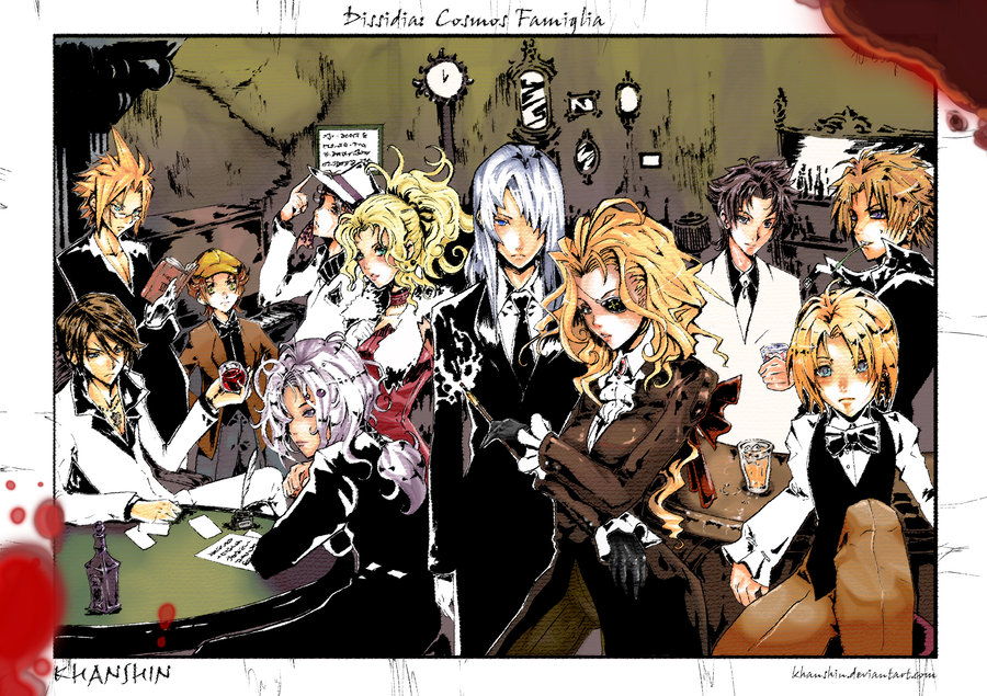 blonde_hair blood book breasts brown_hair butz_klauser cecil_harvey clock cloud_strife cosmos_(dff) dissidia_final_fantasy drink everyone eyepatch family final_fantasy final_fantasy_i final_fantasy_ii final_fantasy_iii final_fantasy_iv final_fantasy_ix final_fantasy_v final_fantasy_vi final_fantasy_vii final_fantasy_viii final_fantasy_x formal frioniel gangster glass glasses gloves green_eyes hat ink_pen khanshin large_breasts long_hair mafia necktie onion_knight pipe potion ribbon smoking spiked_hair spiky_hair squall_leonhart tidus tina_branford translation_request warrior_of_light zidane_tribal