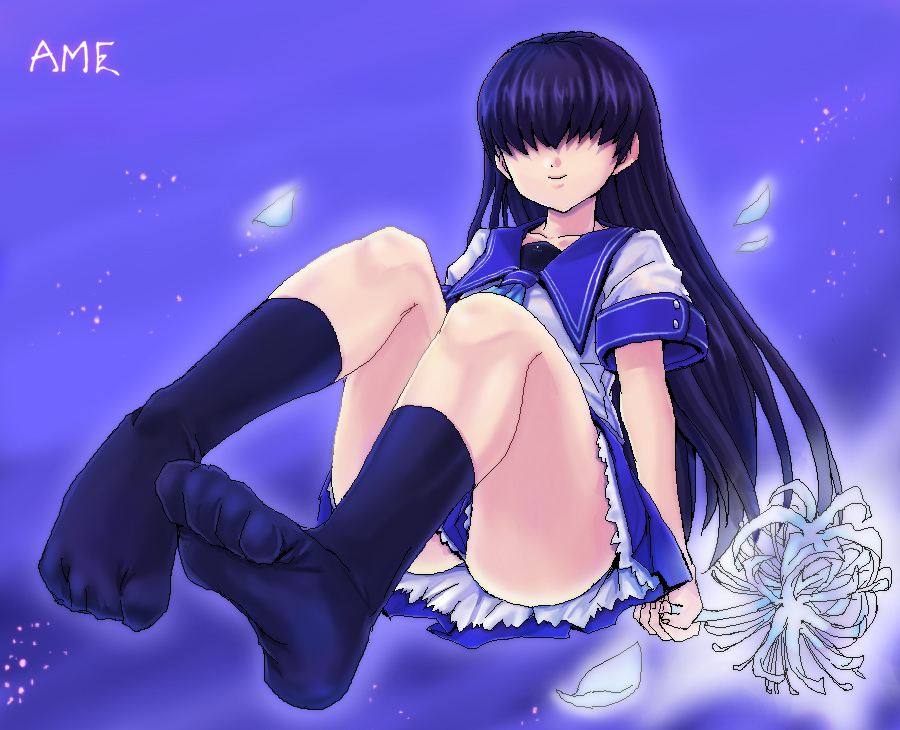 denpa_teki_na_kanojo feet hair_over_eyes legs long_hair minarai no_eyes ochibana_ame petals pov_feet purple_hair school_uniform serafuku sitting skirt smile socks solo toe_scrunch