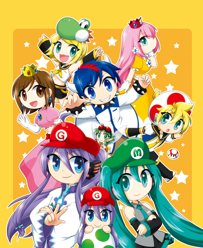 3boys 5girls aqua_hair atora bad_id belt blonde_hair blue_eyes blue_hair bowser bowser_(cosplay) brown_eyes brown_hair chibi cosplay costume crop_top crossed_arms crown cute detached_sleeves earrings egg elbow_gloves everyone fairy family flower gloves green_eyes green_hair grin gumi hair_flower hair_ornament hat hatsune_miku jewelry kagamine_len kagamine_rin kaito kamui_gakupo long_hair luigi luigi_(cosplay) mario mario_(cosplay) megurine_luka meiko midriff minigirl mushroom necktie parody pink_hair pointy_ears princess_daisy princess_daisy_(cosplay) princess_peach princess_peach_(cosplay) purple_hair school_uniform serafuku shorts smile star sunglasses super_mario_bros. toad toad_(cosplay) twintails v very_long_hair vocaloid wanda_(super_mario_bros.) wanda_(super_mario_bros.)_(cosplay) waving wings yoshi yoshi_(cosplay)