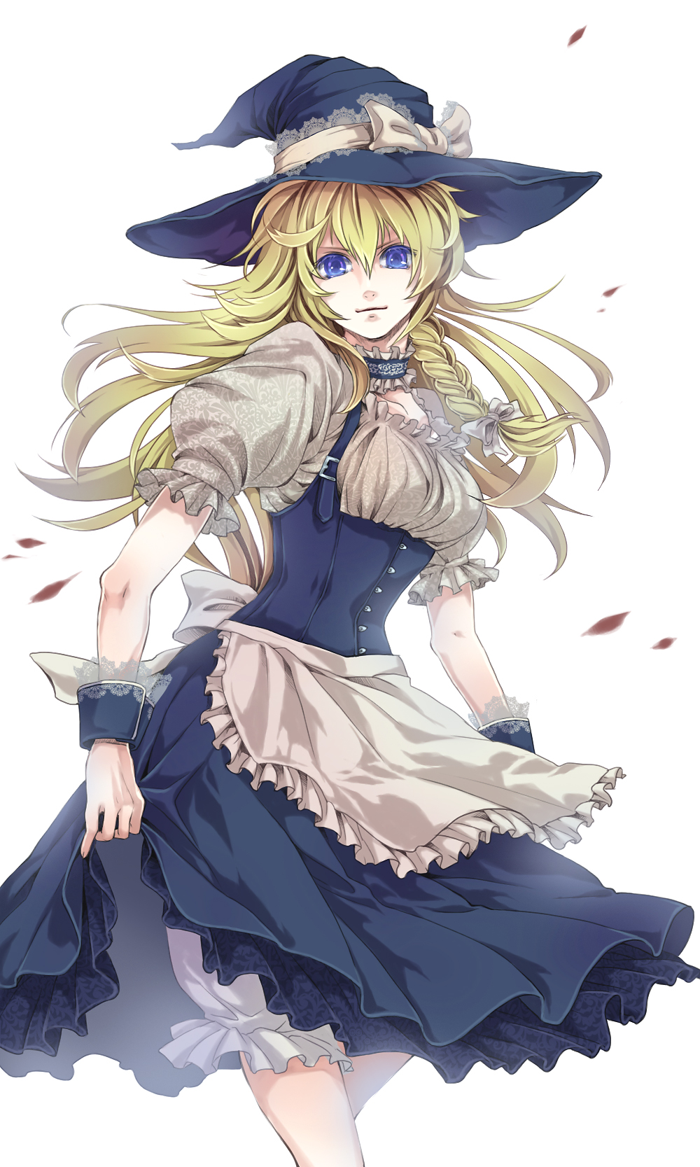 adult apron blonde_hair bloomers blue_eyes bow braid choker corset embellished_costume frills gathers hair_bow hat highres kirisame_marisa lace last_c long_hair simple_background single_braid smile solo touhou waist_apron witch_hat wrist_cuffs