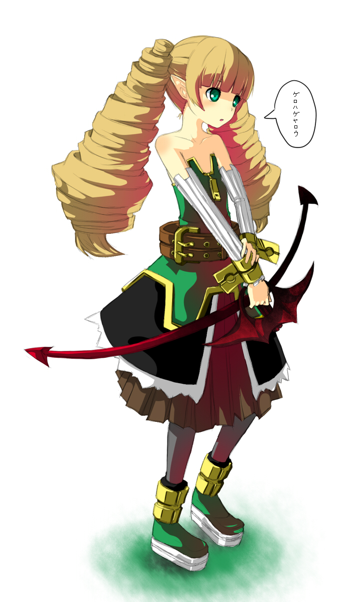 bare_shoulders belt blonde_hair boots bow bow_(weapon) detached_sleeves disgaea dress drill_hair flat_chest green_eyes highres hogi long_hair pantyhose pointy_ears solo translation_request twin_drills twintails weapon wrist_grab zipper