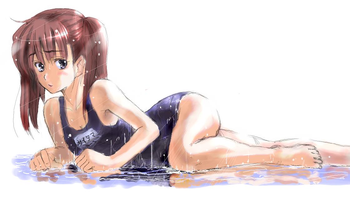 arm_support barefoot black_eyes brown_hair jpeg_artifacts lying oekaki on_side one-piece_swimsuit school_swimsuit short_hair sketch solo swimsuit twintails water wet