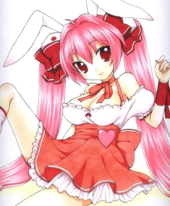 animal_ears breasts bunny_ears cleavage di_gi_charat dice dress hair_ribbon heart large_breasts long_hair mani pink_hair rabbit_ears rabi_en_rose red_eyes ribbon twintails usada_hikaru