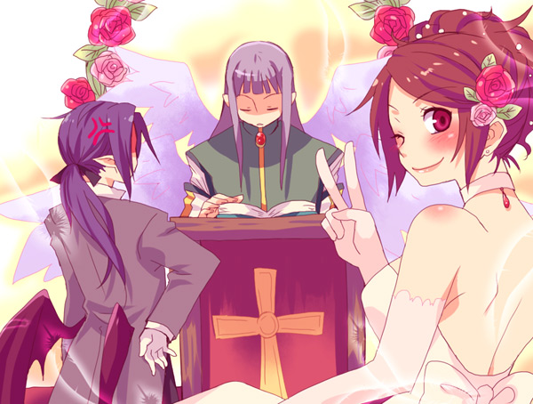 bat_wings bride brown_hair disgaea dress laharl's_mother laharl's_mother mid-boss mid-boss_(disgaea) purple_hair seraph_lamington silver_hair sunny_spot tsuyuka_(sunny_spot) tuxedo v wedding wedding_dress wings