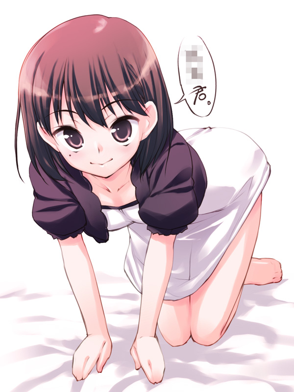 barefoot blush brown_eyes brown_hair face foreshortening hands hoshizaki_hikaru legs mole short_hair smile