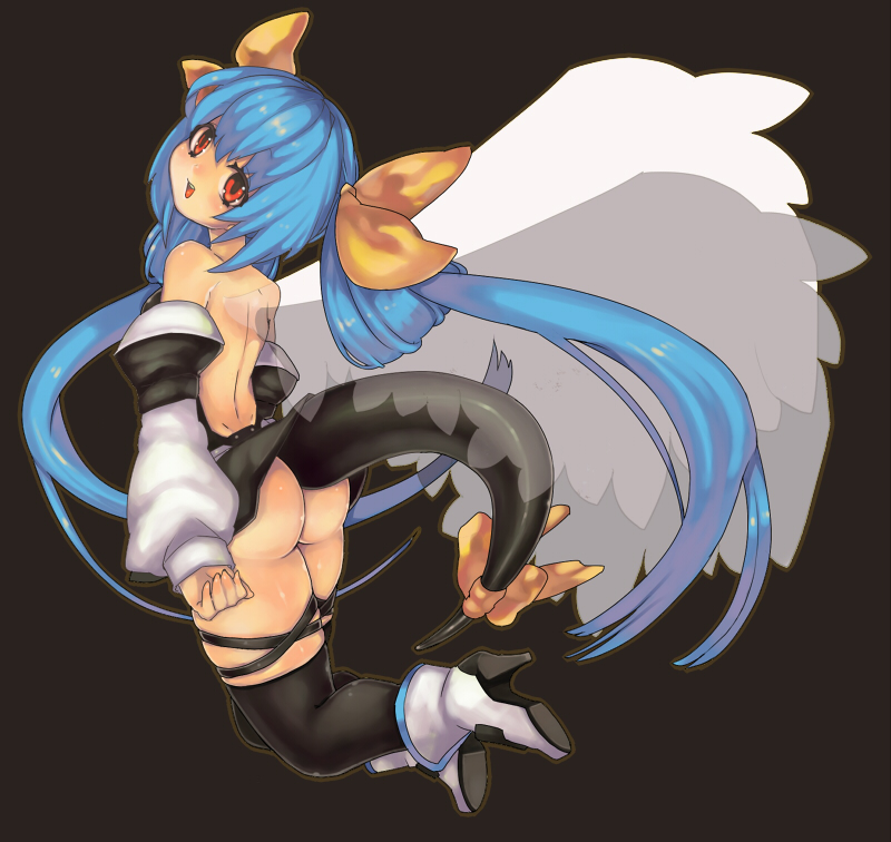 asymmetrical_wings bare_shoulders blue_hair dizzy guilty_gear long_hair red_eyes ribbon rocb solo tail tail_ribbon thigh-highs thighhighs transparent twintails wings