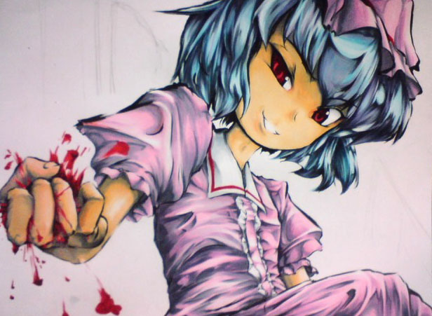 &gt;:) &gt;:d :d blood blue_hair byoin clenched_hand dress evil_grin evil_smile foreshortening grin hands hat head_tilt looking_at_viewer open_mouth pink_dress puffy_sleeves red_eyes remilia_scarlet short_hair smile solo touhou traditional_media