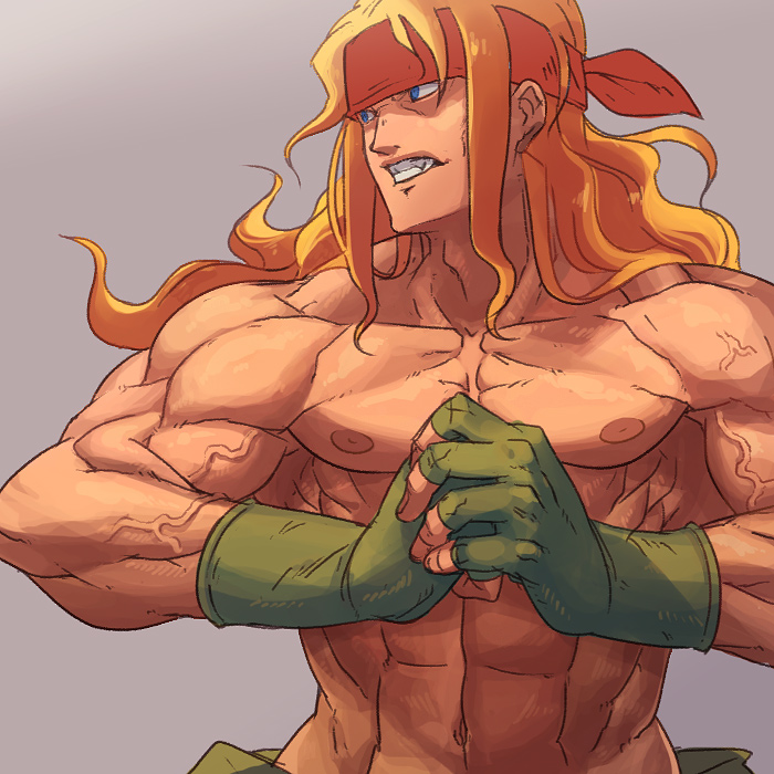 alex blonde_hair blue_eyes capcom fingerless_gloves gloves headband long_hair male manly muscle ookami_(pixiv27280) shirtless street_fighter street_fighter_iii veins very_long_hair