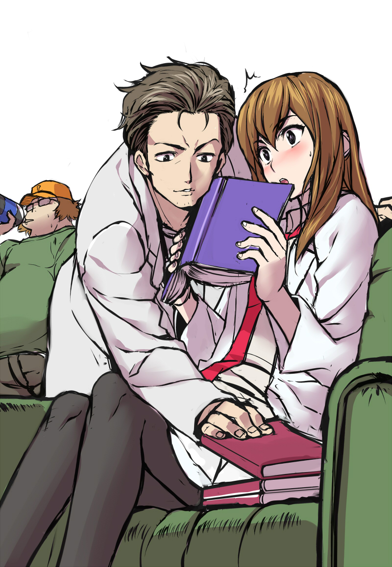 blush book brown_hair g-tetsu glasses hat labcoat makise_kurisu necktie okabe_rintarou pantyhose steins;gate