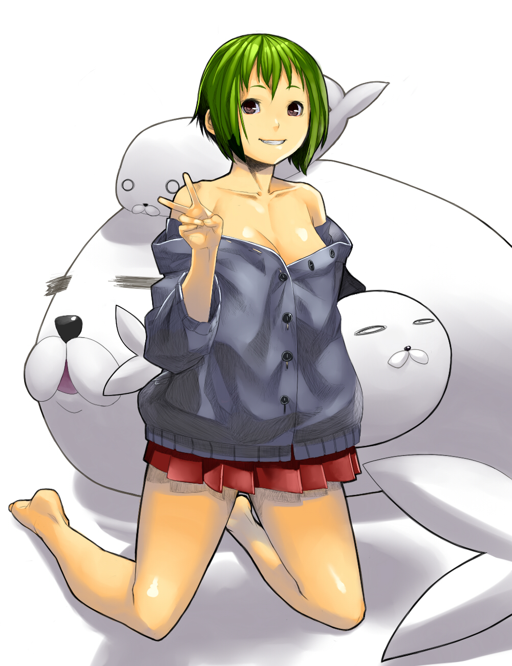 bare_shoulders breasts cleavage green_hair grin hands happy highres kneeling legs original short_hair skirt smile solo stuffed_animal stuffed_toy tissue_(pixiv) v