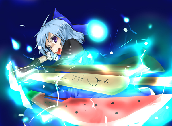 advent_cirno blue_hair byoin cirno purple_eyes short_hair solo sword touhou violet_eyes watermelon weapon