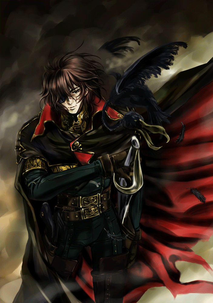 1boy brown_eyes brown_hair cape eyepatch gloves harlock male oldschool scar solo sword uchuu_kaizoku_captain_harlock weapon