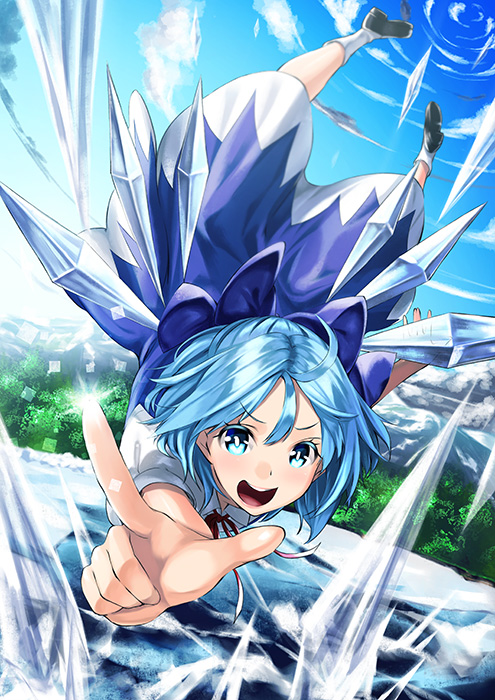 1girl :d ahoge blue_eyes blue_hair cirno face fingers flying frozen_lake hands ice ice_wings icicle kyon_(fuuran) open_mouth pointing short_hair smile solo sparkle teeth touhou upside-down wings