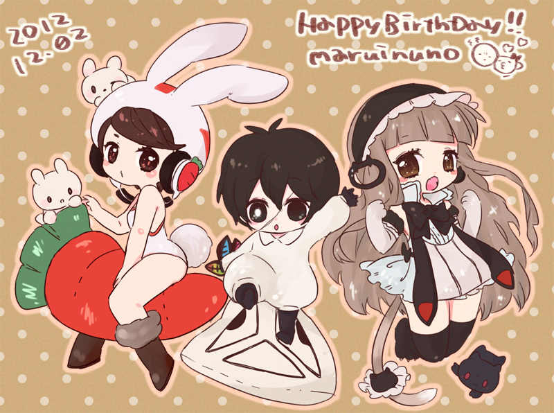 2012 :&lt;&gt; animal_ears arm_up artist_request bare_shoulders black_hair blush_stickers boots brown_eyes brown_hair bunny_tail carrot character_request child dated dress elbow_gloves english fake_animal_ears gloves happy_birthday headphones hood long_hair looking_at_viewer multiple_girls o3o open_mouth polka_dot rabbit_ears red_eyes scar sleeveless tagme tail thigh-highs zettai_ryouiki