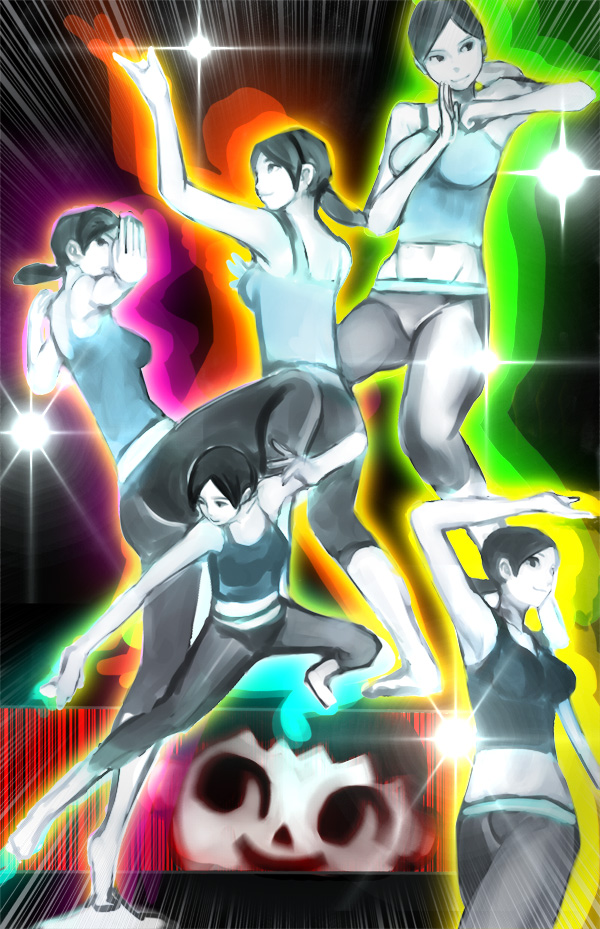 1girl black_hair breasts capri_pants doubutsu_no_mori fighting_stance haou_airen kung_fu large_breasts long_hair meme midriff navel parody ponytail smile solo_focus spandex super_smash_bros. tank_top trainer_(wii_fit) under-siege villager_(doubutsu_no_mori) white_skin wii_fit