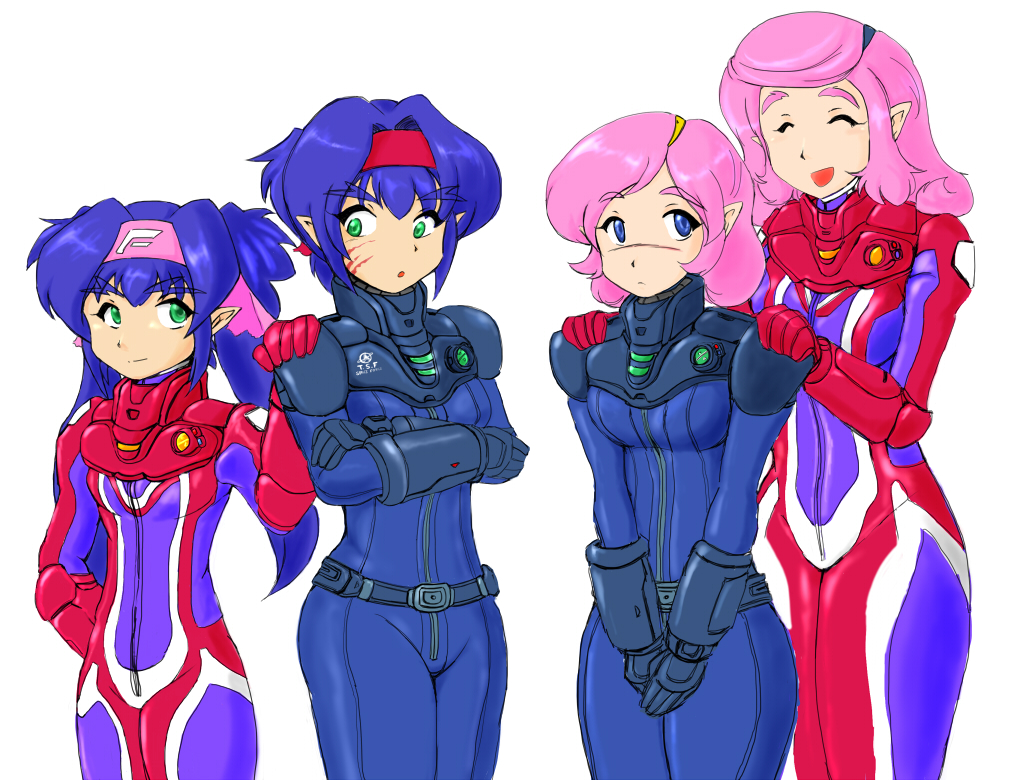 armor bandana blue_eyes blue_hair clone dual_persona eyebrows gloves green_eyes klan_klein macross macross_frontier meltrandi nene_rora pilot pilot_suit pink_hair pointy_ears s.m.s. science_fiction spacesuit zentradi