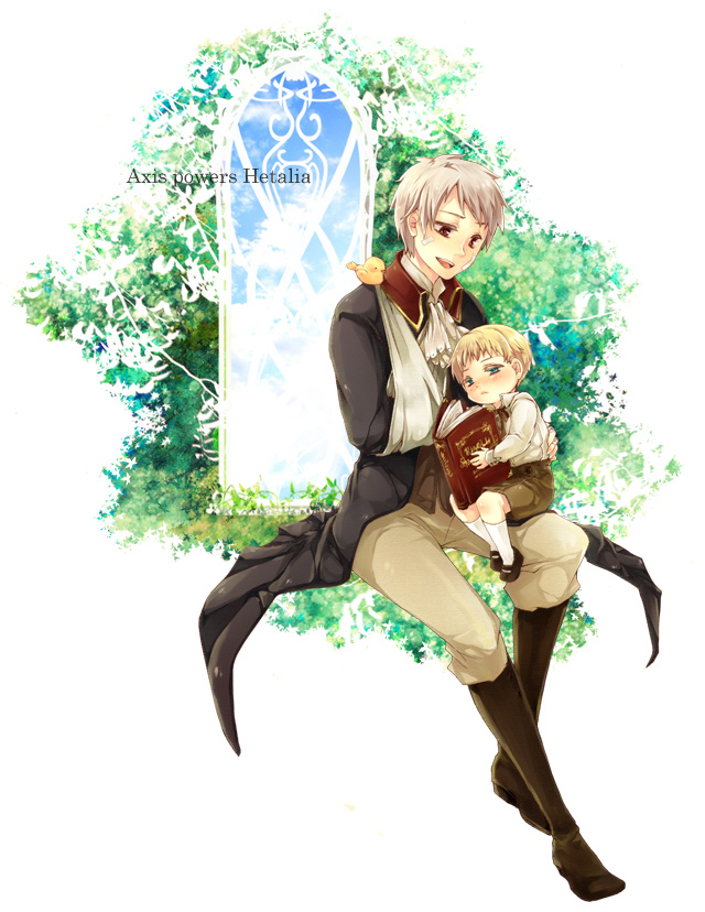 2boys arm_sling axis_powers_hetalia bird blonde_hair book boots chick germany_(hetalia) green_eyes male multiple_boys open_mouth prussia_(hetalia) red_eyes short_hair sitting title_drop tobi_(one) white_background young