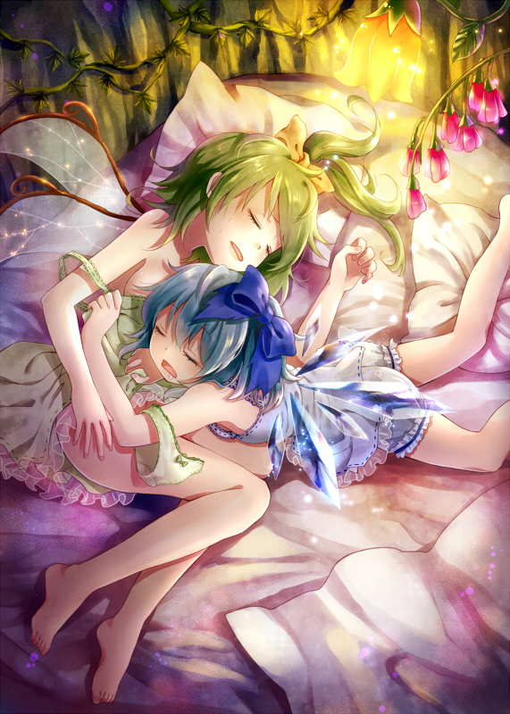 2girls barefoot bed blue_hair bow cirno closed_eyes daiyousei drooling feet flower green_hair hair_bow ice ice_wings legs long_hair lying multiple_girls nunucco off_shoulder pillow ponytail short_hair sleeping touhou wings