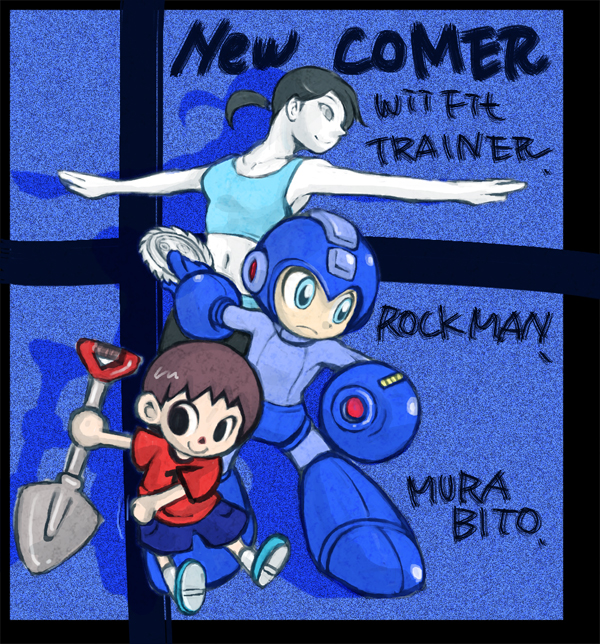 1girl 2boys android black_hair blue_eyes capri_pants doubutsu_no_mori helmet long_hair march_(izumi3307) midriff multiple_boys navel nintendo ponytail rockman rockman_(character) rockman_(classic) saw shorts shovel super_smash_bros. t-shirt tank_top trainer_(wii_fit) villager_(doubutsu_no_mori) white_skin wii_fit worktool